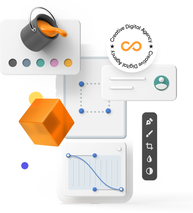 Design tools composition showing color picker, cube, and UI panels